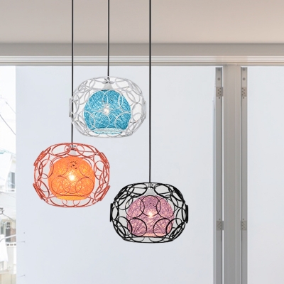 Sphere Kitchen Dinette Pendant Lamp Rattan 3 Heads Modernist Multiple Hanging Light with Bubble Ring Cage in Black