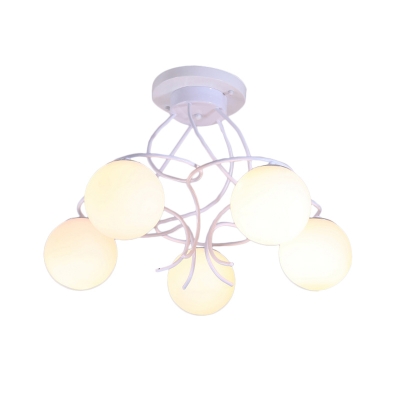 Twisting Living Room Ceiling Lamp Handmade Cream Glass 5-Light Modern Semi Flush Mount Lighting in Black/White