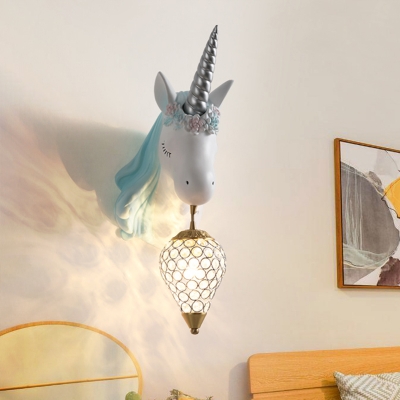 Unicorn Shape Resin Wall Light Fixture Cartoon 1-Light Blue/Pink Sconce Lamp with Teardrop Crystal Shade, Right/Left