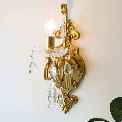 Vintage Style Candelabra Sconce Lighting 1/2-Bulb Metallic Wall Mount Lamp in Gold with Crystal Droplet