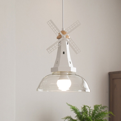 White/Black Finish Windmill Pendant Lighting Designer 1 Head Iron Ceiling Hang Fixture with Bowl Clear Glass Shade