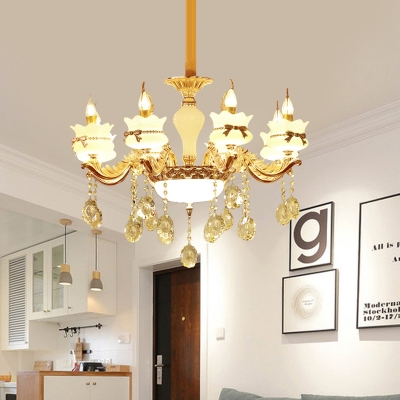 White Glass Gold Chandelier Candle 6/8 Bulbs Modern Pendant Light with Dangling Crystal