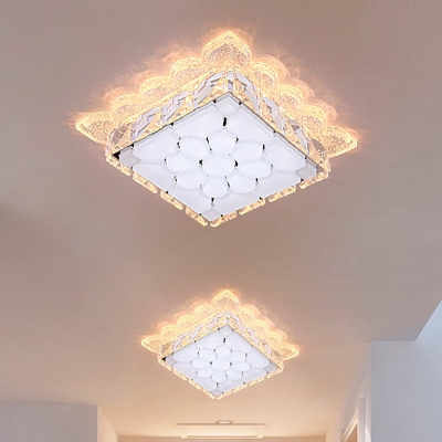 White Square Ceiling Light Fixture Simple Cut Crystal LED Foyer Flush Mount Spotlight