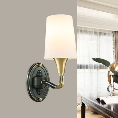 1/2 Bulbs Sconce Lamp Vintage Corner Wall Lighting Ideas with Conic Opal Glass Shade in Brass