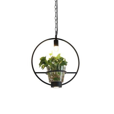 1-Bulb Round/Rectangle Cage Pendant Industrial Black Iron Hanging Light Fixture with Clear Glass Vase