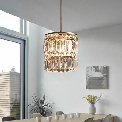 1 Light Bedroom Hanging Lighting Modern Brass Pendant Lamp Fixture with Cylinder Crystal Shade