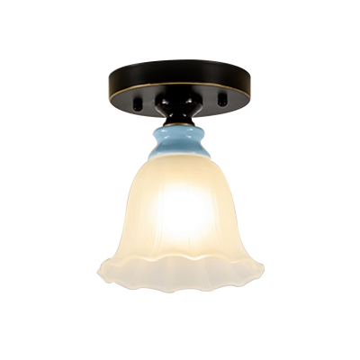 1-Light Flower Flush Mount Lighting Traditional Black Opal Glass Flush Lamp Fixture