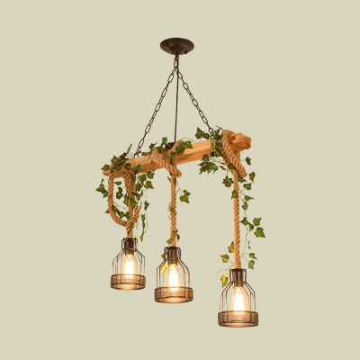 3/5-Light Wood Suspension Lamp Lodge Brown Linear Restaurant Plant Island Pendant Light with Rope Hang Wire Cage