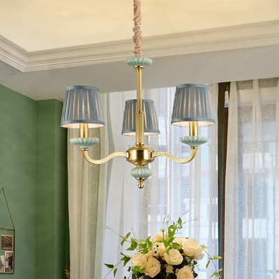 3/6 Heads Chandelier Traditional Curved Arm Metal Pendant Light in Brass with Cone Light Blue Fabric Shade