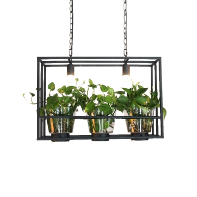 3-Bulb Island Light Fixture Industrial Black Rectangle Cage Restaurant Pendant with Clear Glass Plant Cup