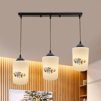 3 Heads Multi Pendant Romantic Pastoral Cylinder White Glass Hanging Ceiling Light with Blossom Pattern, Round/Linear Canopy