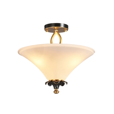 3-Light Opal Matte Glass Semi Flush Retro Brass Wide Flare Corridor Ceiling Flushmount Lamp