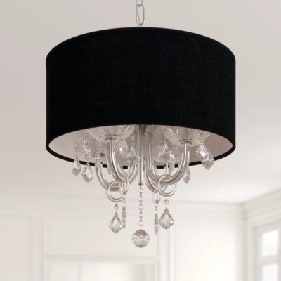 4 Bulbs Drum Chandelier Modern Black Fabric Pendant Light Fixture with Crystal Accent