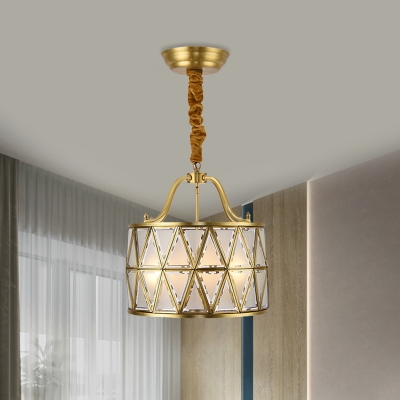 4 Bulbs X-Drum Chandelier Traditional Brass Frosted Glass Hanging Light for Dining Room