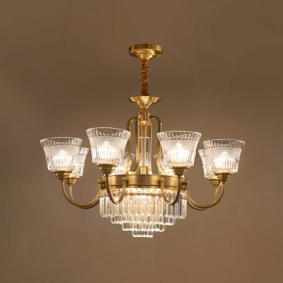 6/8 Bulbs Suspension Light Traditional Bell Clear Glass Crystal Up Pendant Chandelier in Brass