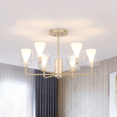 6 Bulbs Bedroom Pendant Chandelier Modernism Gold Radial Hanging Light with Barrel Clear Glass Shade