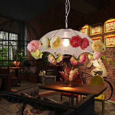 abric White Floral Pendant Lamp Umbrella Single Bulb Rustic Hanging Light Fixture over Table