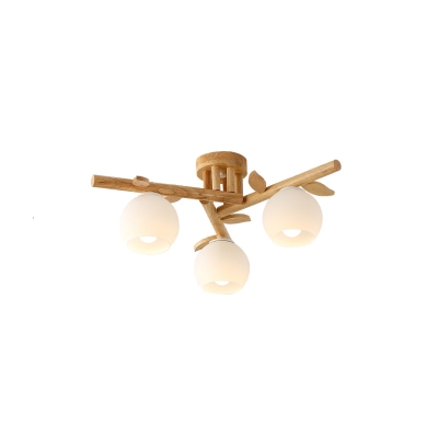 Ball Cream Glass Semi Flush Mount Modernism 3/5 Bulbs Wood Branch Ceiling Flush for Bedroom