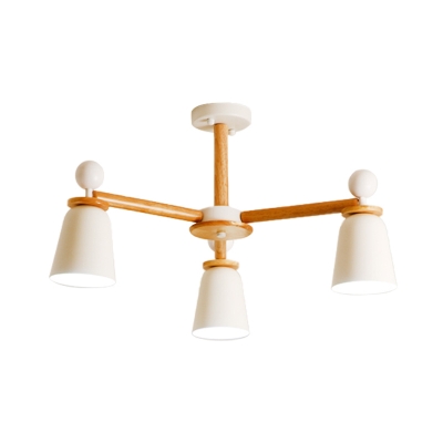 Bell Semi-Flush Mount Light Modern Iron 3/6 Heads Living Room Wood Close to Ceiling Lamp in White