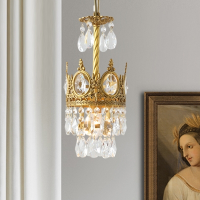 Beveled Crystal Crown Pendulum Light Traditional 1 Head Bedroom Pendant Lamp in Gold