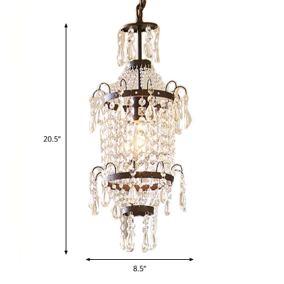 Black 1 Head Pendant Lamp Victorian Crystal Strands Ceiling Hanging Lantern over Dining Table