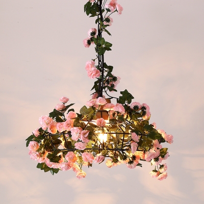 Black 1-Head Suspension Light Farmhouse Iron Barn/Diamond/Jar Wire Cage Flower Pendant Lighting with Wooden Cap