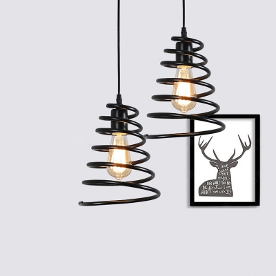 Black Finish 1-Head Pendulum Light Industrial Iron Spiral-Cone Cage Hanging Lamp Fixture