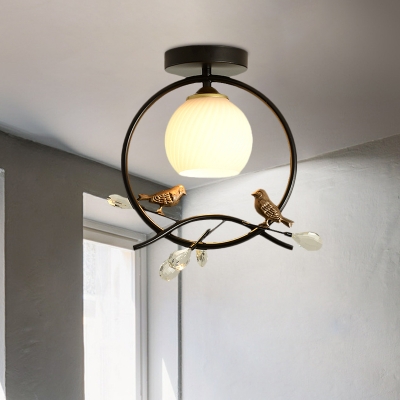 Black/Gold Finish Ring Semi-Flush Mount Modernist 1-Head Metal Ceiling Flush with Bird and Crystal Deco