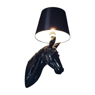 Black/White Steed Wall Light Rustic Resin 1 Bulb Corridor Wall Sconce with Cone Fabric Shade