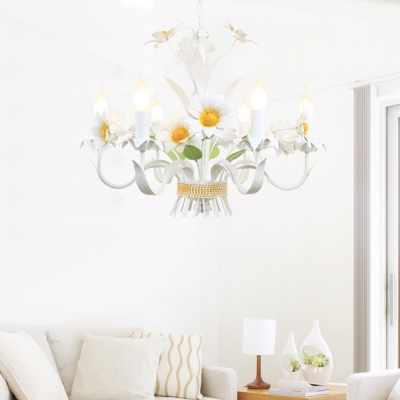 Bouquet Metal Hanging Chandelier Country Style Korean 6 Bulbs Living Room Ceiling Pendant Light in White