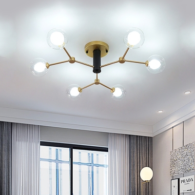 Branchlet Semi Flush Mount Chandelier Postmodern Iron 6 Lights Gold Ceiling Fixture with Double Orb Glass Shade