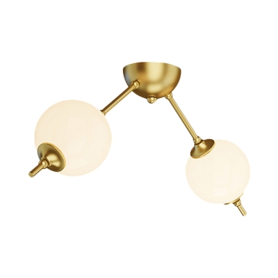Brass Furcated Flush Light Fixture Minimalist 2/3-Heads Metal Semi Flush Mount Ceiling Lamp with Ball Milk Glass Shade