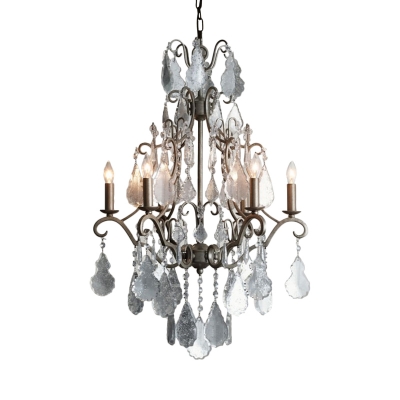 Candle Bedroom Chandelier Light Modernism Metal 6 Heads Rust Hanging Lamp with Crystal Draping
