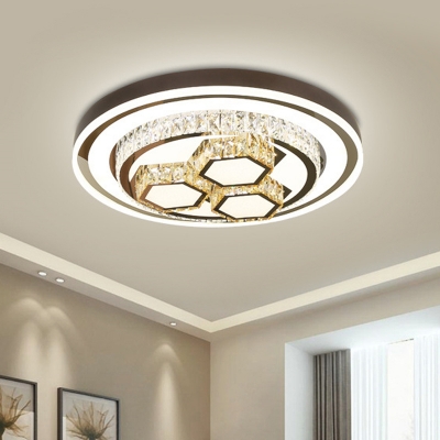 Chrome Circle Flush Light Modernism Crystal LED Bedroom Flush Mount with Hexagon Design