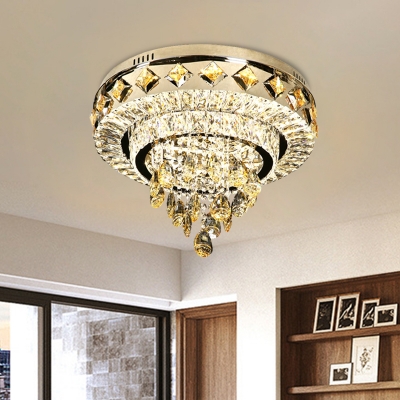 Chrome Round Flush Light Fixture Vintage Faceted Crystal LED Living Room Ceiling Lamp, 19.5