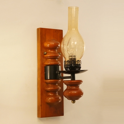 Coastal Kerosene Wall Lighting 1 Bulb Clear Hand Blown Glass Sconce with Wood Backplate in Red Brown
