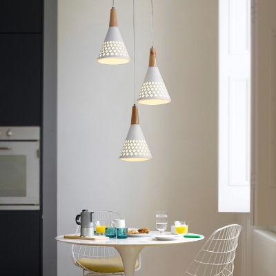 Conic Multi Light Pendant Minimalist Iron 3-Light White and Wood Down Lighting with Hollow Out Grid Design
