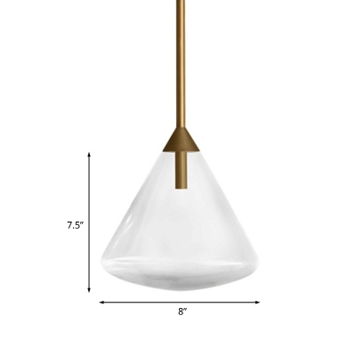 Conical Clear Water Glass Pendant Vintage Style 1 Head Bedside Ceiling Suspension Lamp in Brass