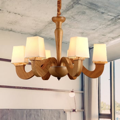 Contemporary Curved Arm Pendant Wood 6 Lights Living Room Chandelier Lamp Fixture with Trapezoid Fabric Shade