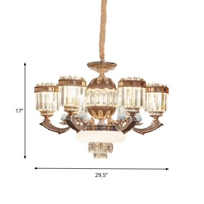 Contemporary Cylindrical Pendant Lighting 6/8 Lights Crystal Rectangle Ceiling Chandelier in Gold