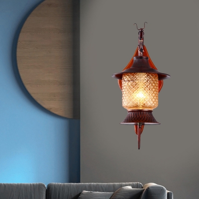 Copper 1-Light Wall Mount Light Fixture Coastal Clear Prismatic Glass Cylinder Sconce Lighting with Wood Backplate