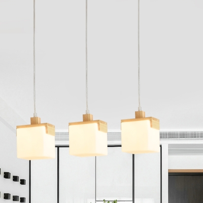 Cube White Glass Multi-Pendant Modernism 3 Heads Wood LED Ceiling Suspension Light