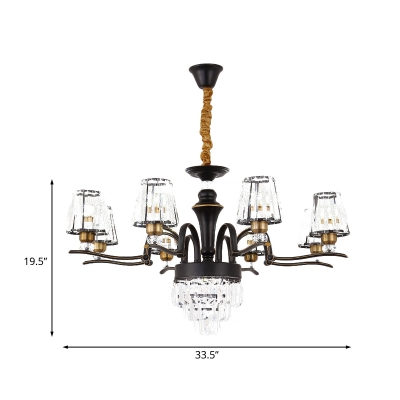 Curved Arm Living Room Chandelier Light Modern Metal 6/8 Bulbs Black Ceiling Pendant Lamp with Conic Crystal Block Shade