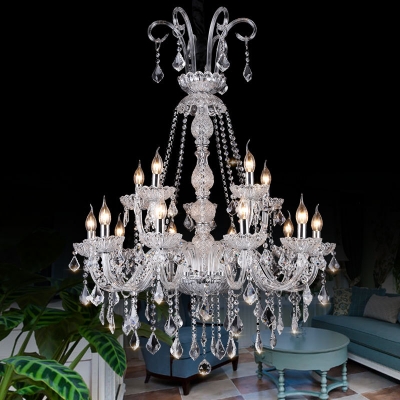Curvy Arm Clear Crystal Suspension Light Traditional 15 Lights Living Room Chandelier Lamp