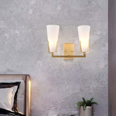 Deep Cone Frosted White Glass Wall Lamp Mid-Century 2 Bulbs Brass Sconce Lighting for Bedside