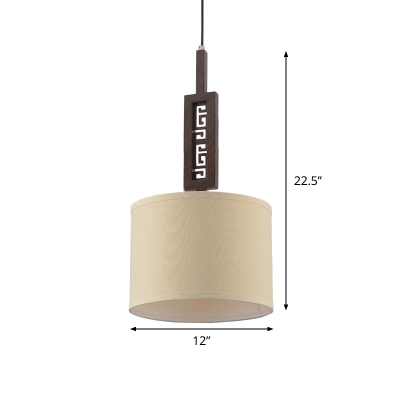 Drum Ceiling Light Minimalist Fabric 1-Light White Suspension Lamp with Brown Carved Wood Rod