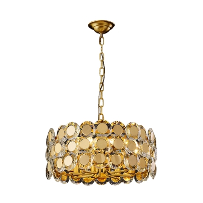 Drum Crystal Hanging Chandelier Contemporary 8 Bulbs Dining Room Ceiling Pendant Light in Brass