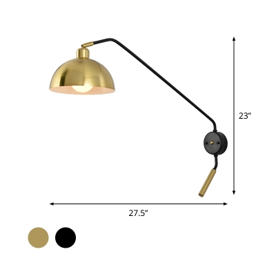 Fishing Rod Iron Wall Mount Lighting Vintage 1 Bulb Study Room Wall Light with Swivel Bowl Shade in Black/Gold