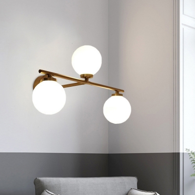 Gold Finish Globe Wall Light Fixture Minimalist 3 Bulbs Opal Glass Up and Down Sconce Lamp with Linear Design