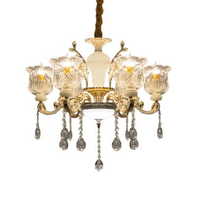 Gold Flower Pendant Chandelier Clear Glass Crystal 6 Heads Dining Room Hanging Ceiling Light